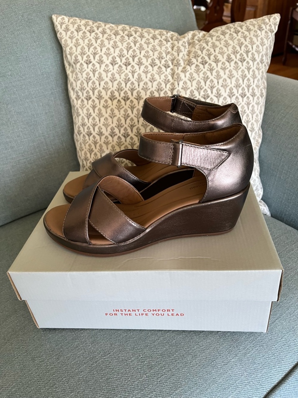 Clarks Metallic Bronze Wedge Sandals with Ankle Strap
